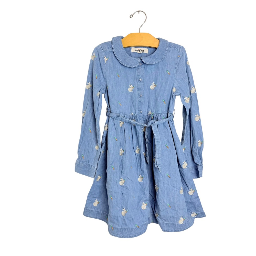 Mini Boden Girls Blue Chambray Bunny Rabbit Embroidered Dress Peter Pan 7-8